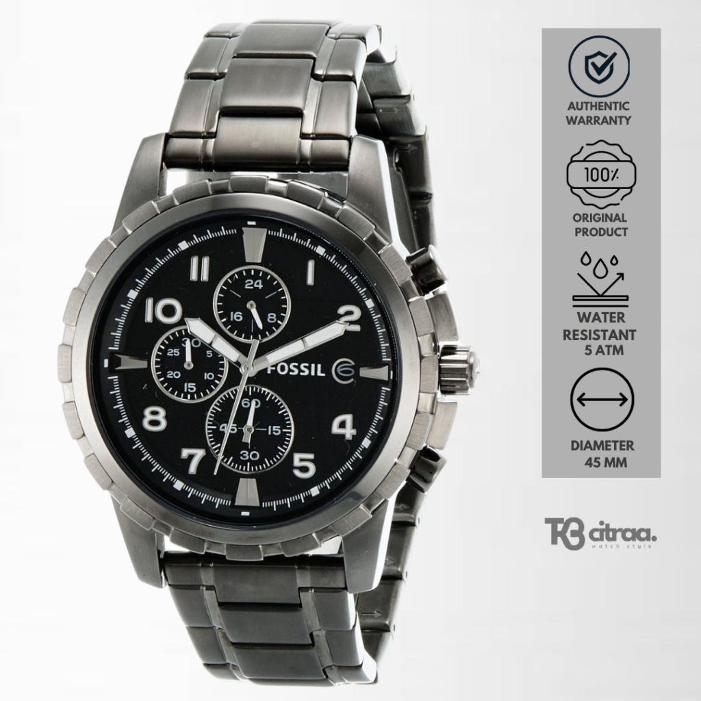 Jam Tangan Pria Fossil Dean Chronograph Black Dial Smoke Stainless Steel Mewah Sporty Original FS472