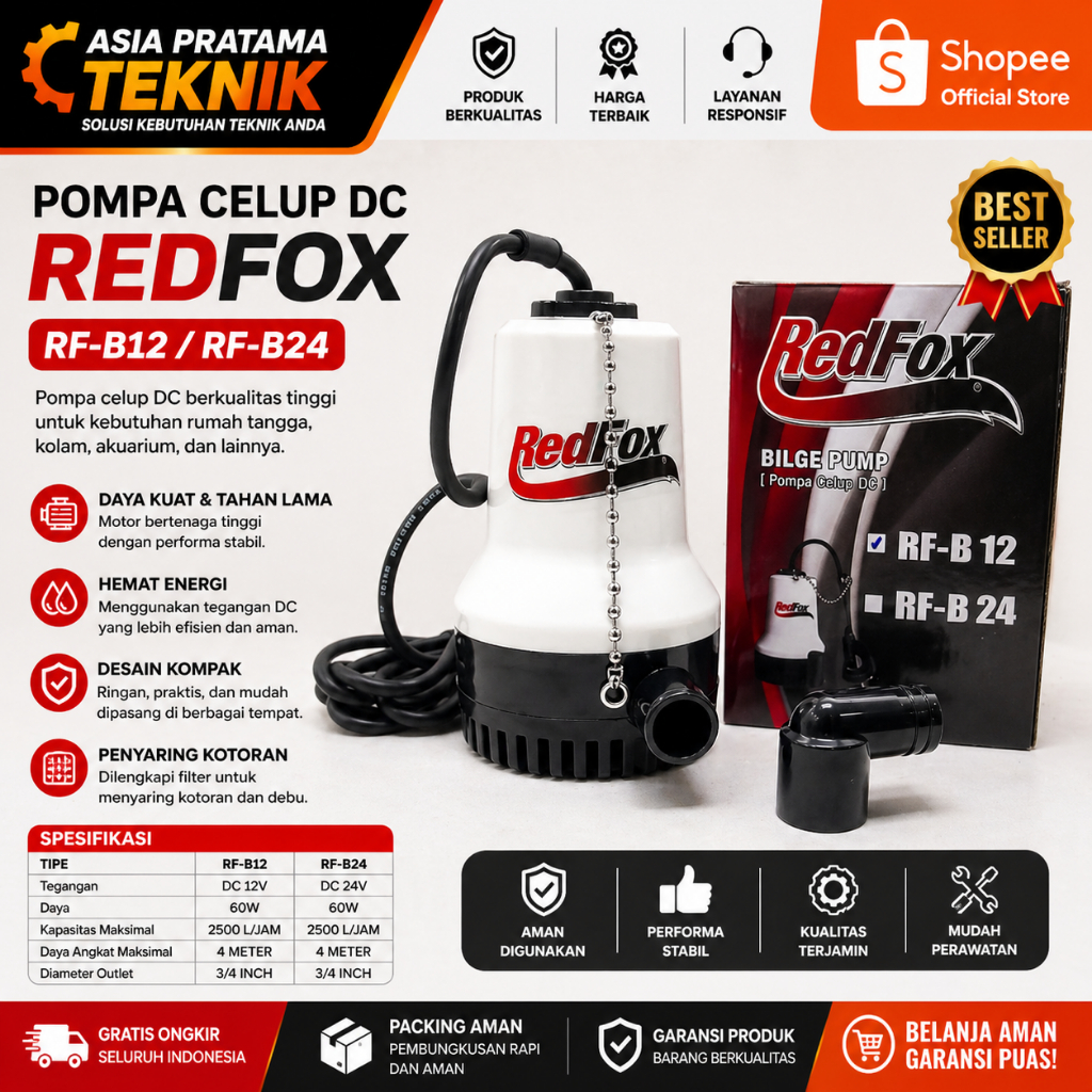 Pompa Air Celup DC REDFOX RF-B12 Pompa Celup Air DC 12V - Kolam Submersible
