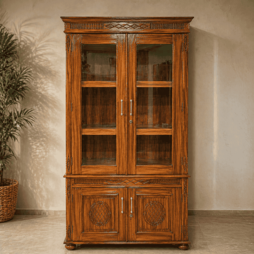 Lemari Pajangan / Rak Pajangan Kaca Kayu Jati 2 Pintu + Rak