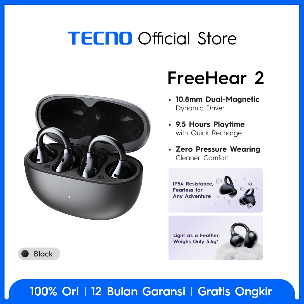 TECNO FreeHear 2 Open-Ear Ergonomic Design for Safer, Cleaner Comfort | Big Bass, Crisp Highs, Powerful Sound | 46-Hour Battery with Quick Recharge - Gambar 2