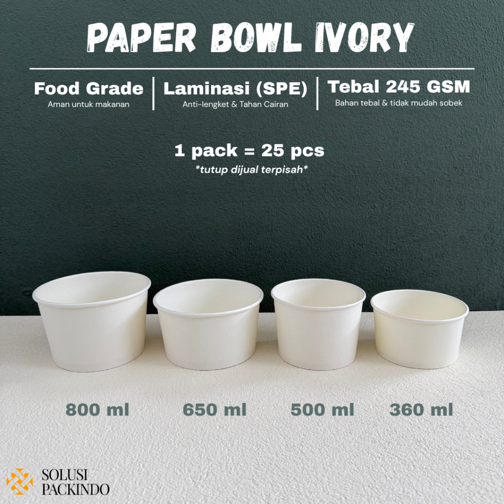 [ISI 25 PCS] PAPER BOWL 360ML 500ML 650ML 800ML PUTIH | MANGKOK KERTAS BAKSO | PAPER BOWL IVORY + TU