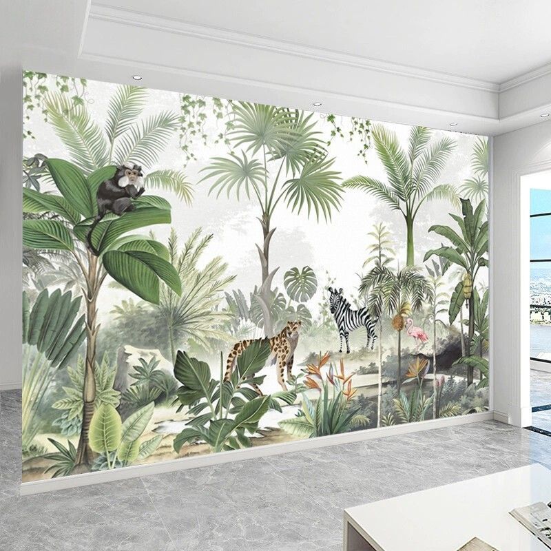 Hiasan Dinding latar hutan tropis gaya Asia Tenggara untuk ruang tamu, wallpaper dinding kamar tidur