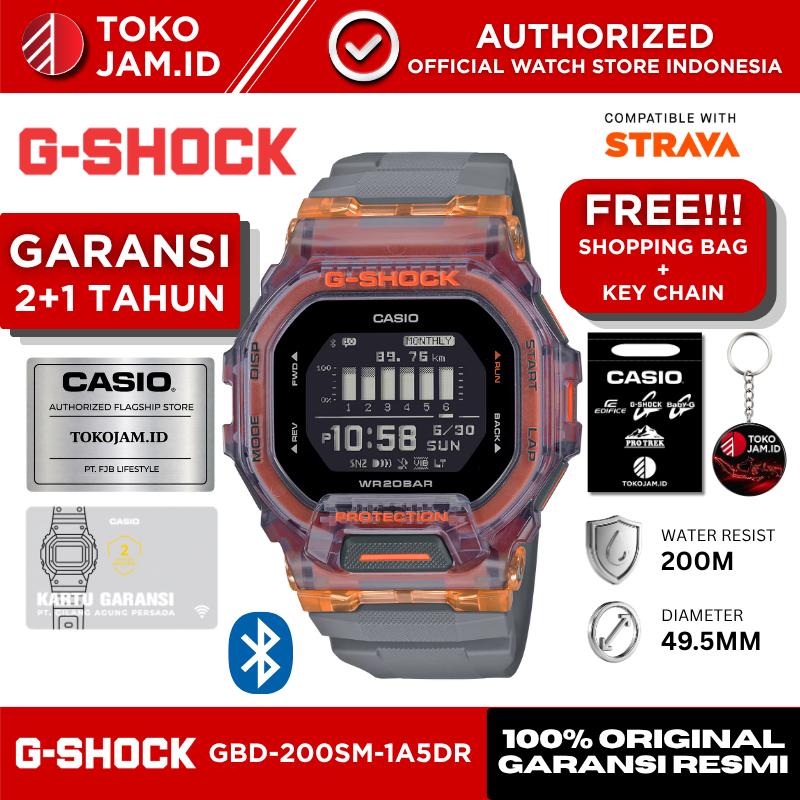 Jam Tangan Pria Casio G-SHOCK GBD-200SM-1A5DR Original Digital Sport Black Orange Bluetooth Step Tra