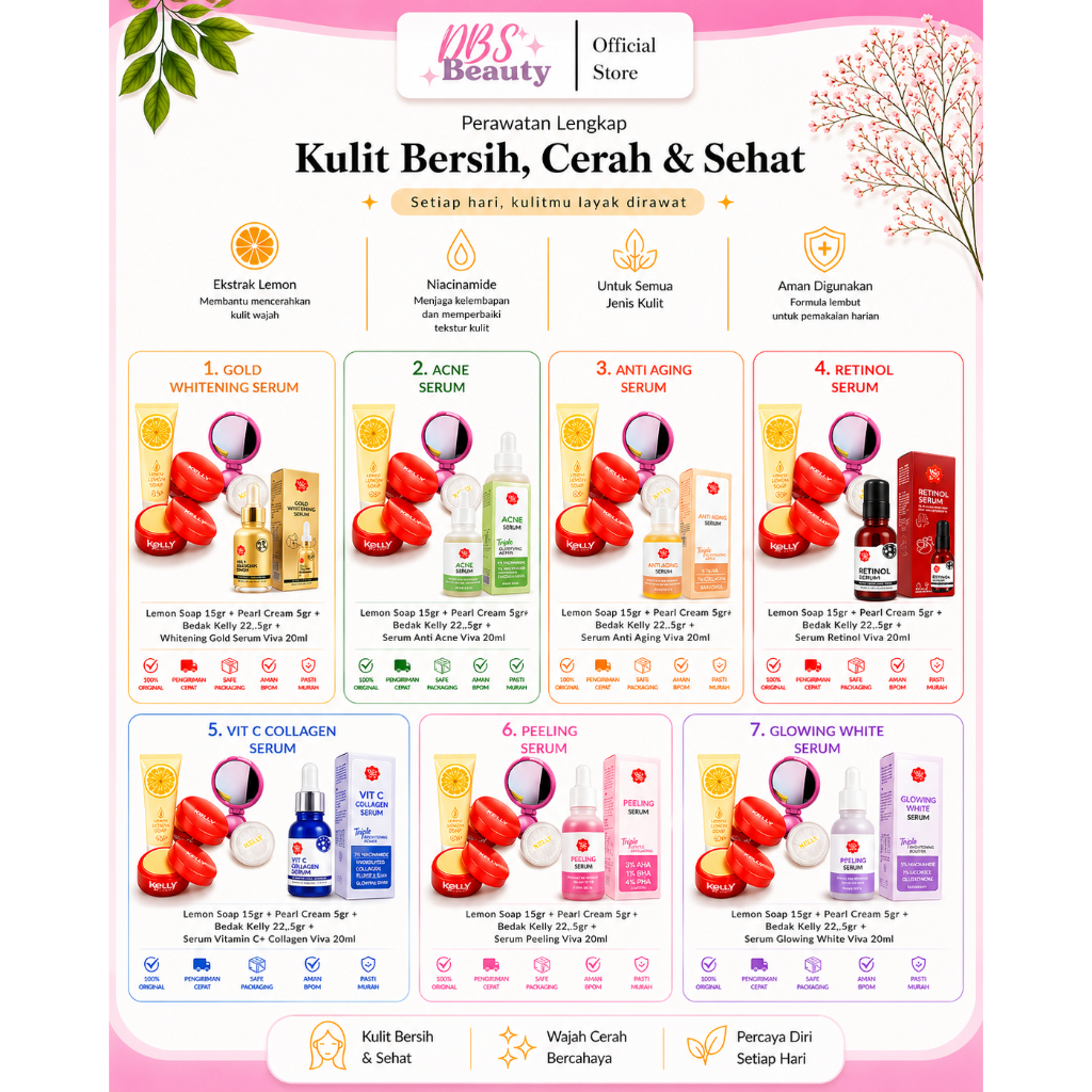 Kelly Cosmetics Paket Skincare 4in1 Kelly Lemon Cream Serum Untuk Wajah Glowing Mencerahkan Perawata