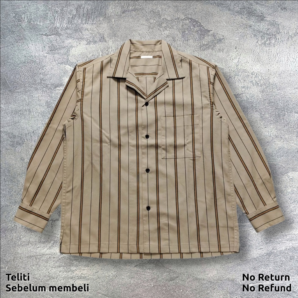 Kemeja Panjang Open Collar Stripe Gu Uniqlo Coklat