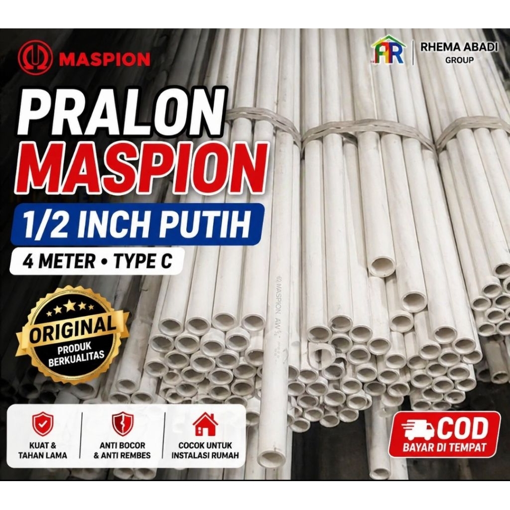 PRALON Listrik PUTIH Maspion 5/8" Inch 4 Meter  | Pralon PVC Instalasi Kabel Rumah | Grosir Proyek T