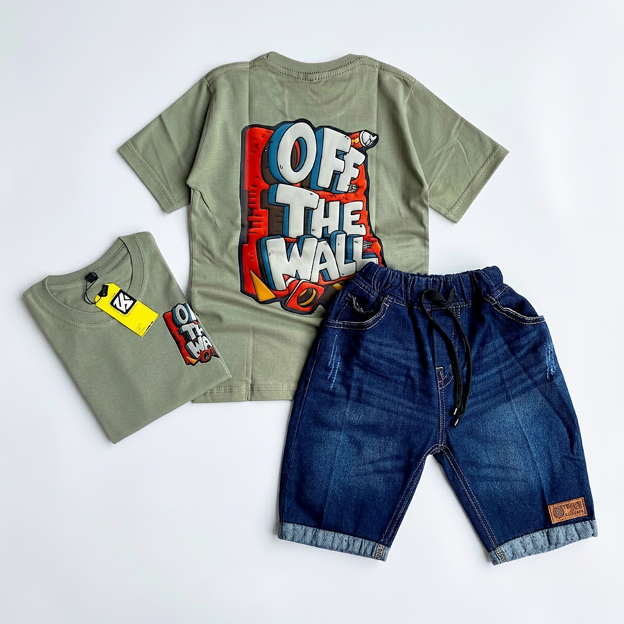 Setelan Anak Laki Laki Motif Off The Wall Kaos Hijau Sage Celana Jeans Denim