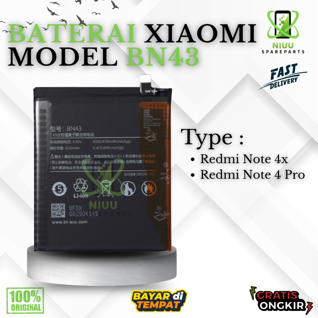 BATERAI BATTERY XIAOMI BN43 XIAOMI REDMI NOTE 4X / REDMI NOTE 4 SNAPDRAGON DOUBLE [IC POWER] ORIGINA