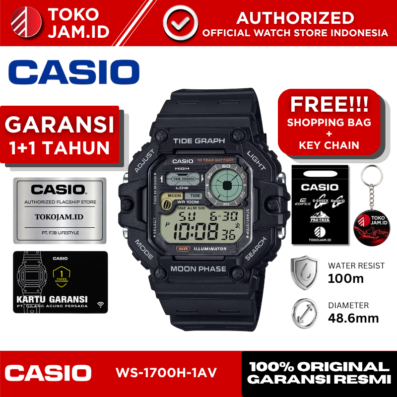 Jam Tangan Pria Casio WS-1700H-1AV Original Digital Black Tide Graph Moon Phase Sport LED Alarm Stop
