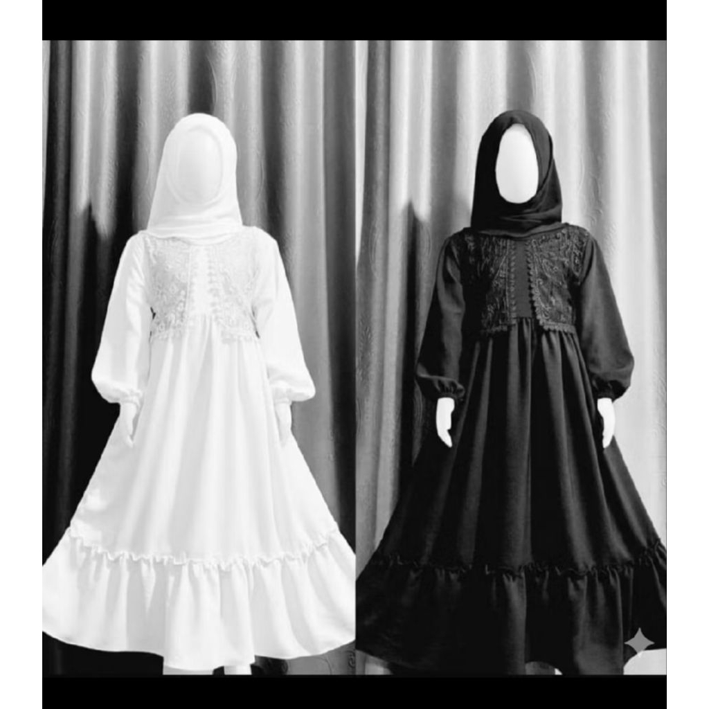 GAMIS MUSLIM ANAK PEREMPUAN BAHAN KRINGKEL MIX  RENDA DADA ,KHUSUS WARNA HITAM DAN PUTIH.