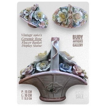 Vintage 1960's Ceramic Rose Flower Basket Display Statue