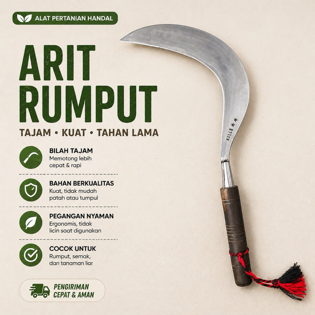 Kolla.id Alat Pemangkas Rumput SabitArit Rumput Gagang Kayu Tembus