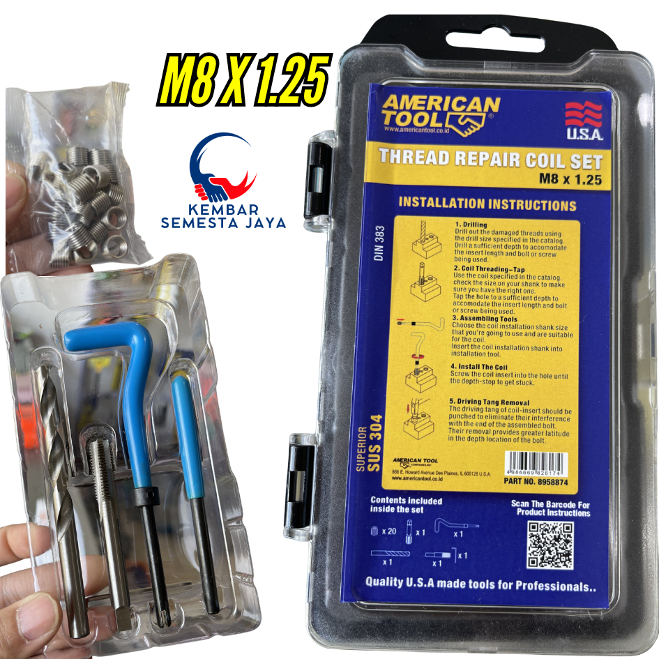 AMERICAN TOOL 8958874 COIL Thread Repair Kit PRO 20 pcs Set M8 X 1.25 - 2D Recoil Helicoil baut 10 U