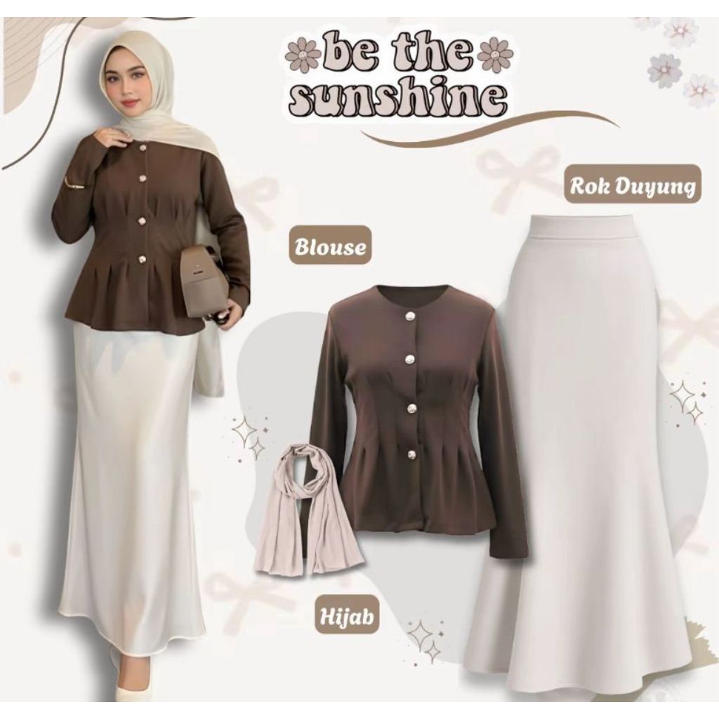 Set Ootd Hijab Remaja / Outfit Pantai / Outfit Healing / Blouse Mahogany + Hijab + Rok Mermaid / Set