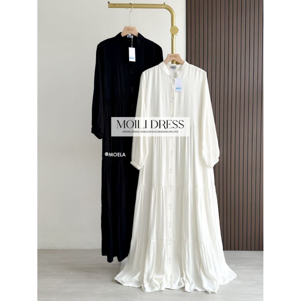 MOILI GAMIS WANITA HITAM PUTIH BAHAN RAYON MOTIF POLOS BY MOELA