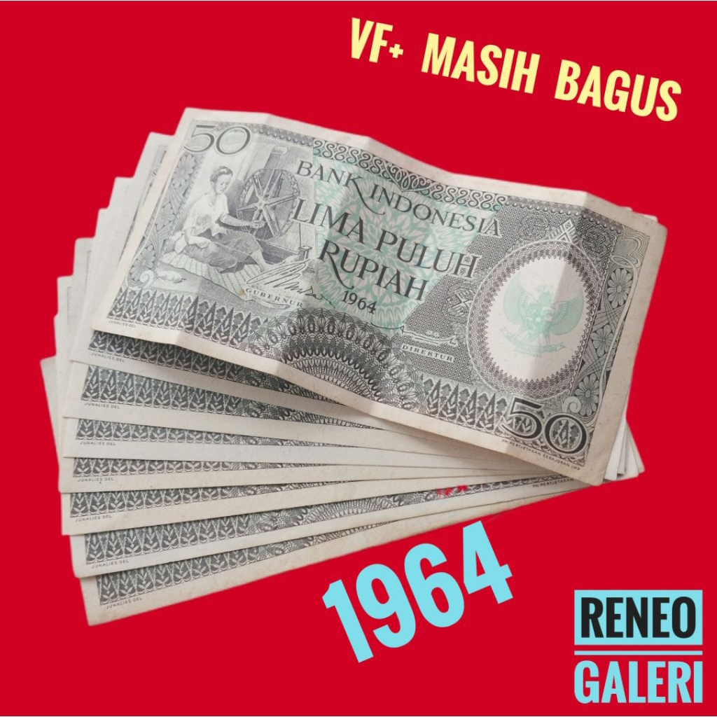 VF+ asli 50 Rupiah Tahun 1964 seri pekerja tangan Rp uang kertas kuno duit jadul lawas lama Indonesi