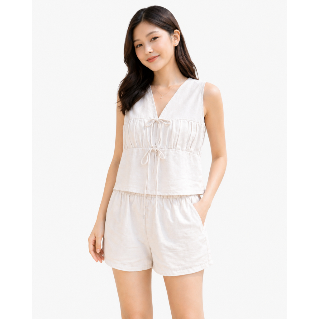 Setelan Wanita Linen Crop Vest Tali Short – Korean Style Outfit Pantai Santai