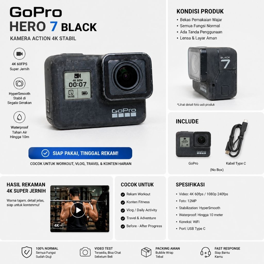 GoPro Hero 7 Black Bekas Original | 4K Action Camera HyperSmooth | Murah Normal