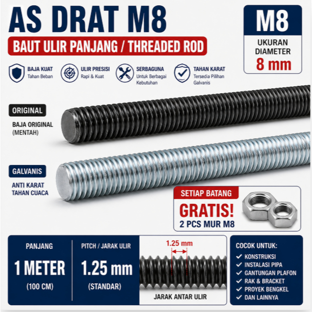Long Drat/AS Drat Baja Anti Karat 1 Meter M8  – Kuat untuk Konstruksi (long drat)