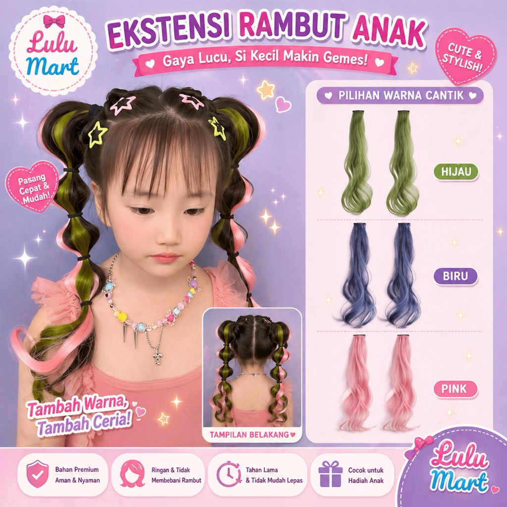 [LULU] Hair Extension Anak Warna Pastel Kepang | Rambut Palsu Anak Clip Warna Pink Biru Hijau | Akse