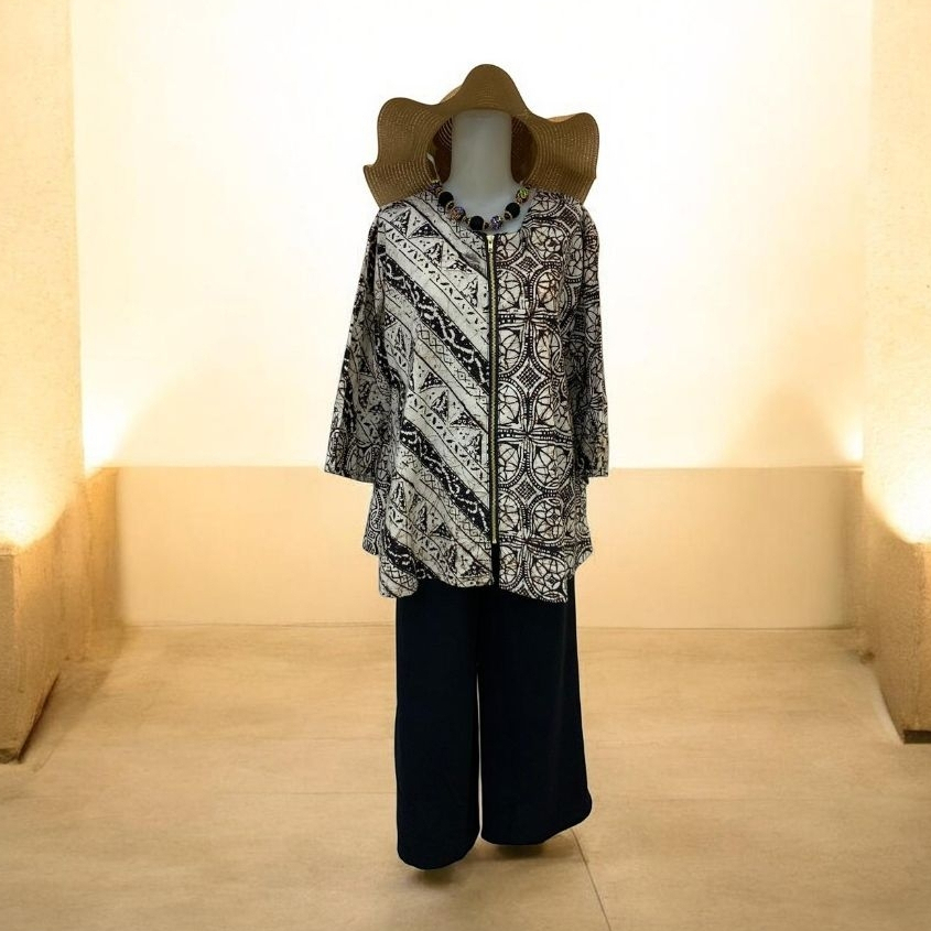 Blouse Batik Wanita Kombinasi Hitam Putih/Tunik Batik Modern Resleting Depan/Atasan Baju Kantor Keki