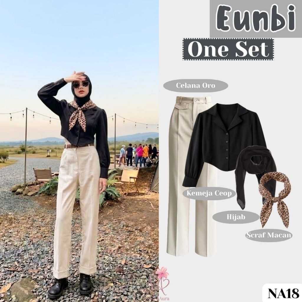 Eunbi One Set (Celana Oro, Kemeja Crop, Hijab, Scraf Leopard) 4 in 1 OOTD Camping Remaja Wanita Kere