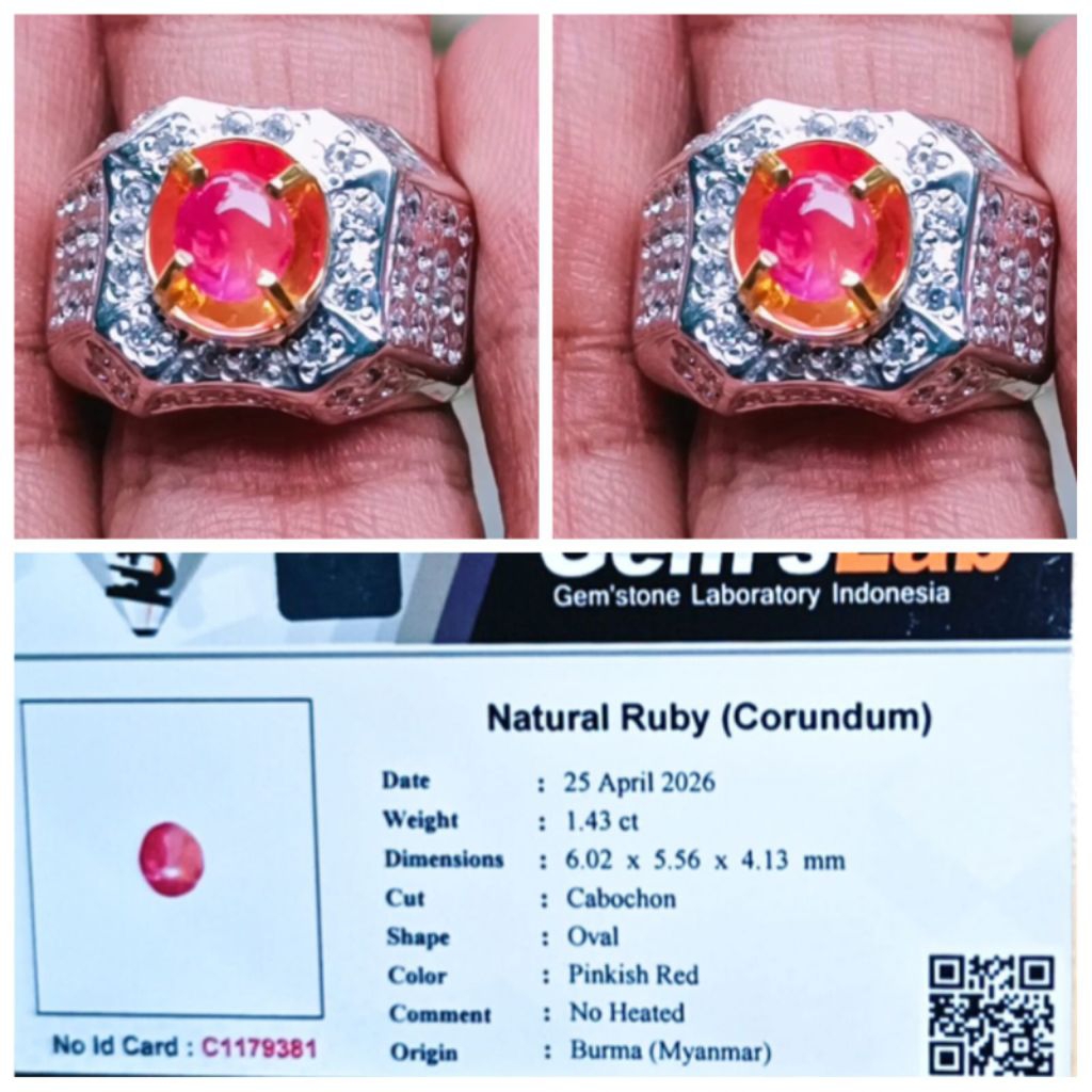 Natural Ruby Burma NoHeated 1.43 crt NH NTE Ring Silver Perak Memo Lab