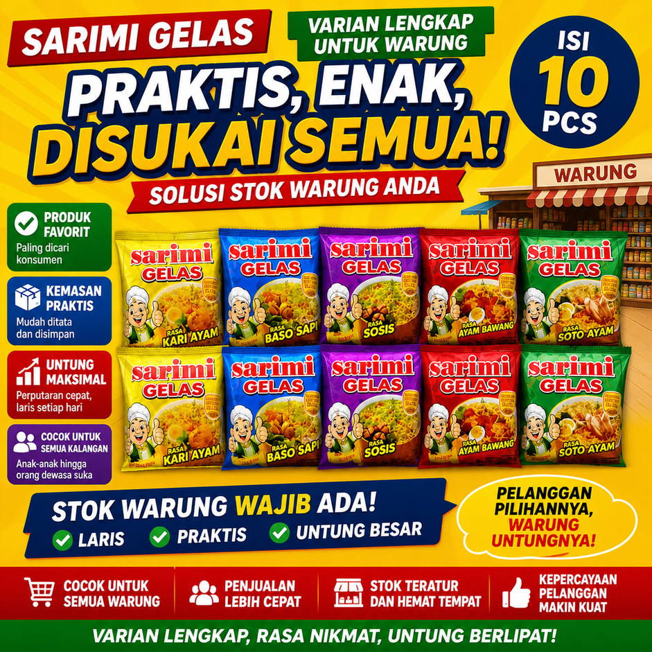 MIE / MI INSTAN SARIMI MIE GELAS RASA SOTO AYAM BAWANG SOSIS BAKSO 30g RENCENG ISI 10 PCS GROSIR