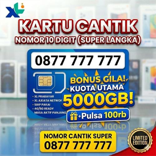 Kartu Perdana XL Nomor Cantik 10 Digit Murah Bonus Kuota Utama 5000GB + Pulsa 100RB Ready