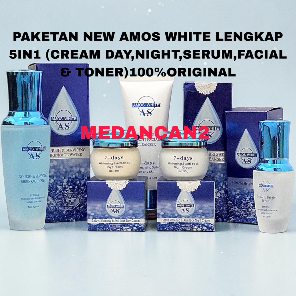 MC-PAKETAN NEW AMOS WHITE LENGKAP 5IN1 (CREAM DAY,NIGHT,SERUM,FACIAL & TONER)100%ORIGINAL