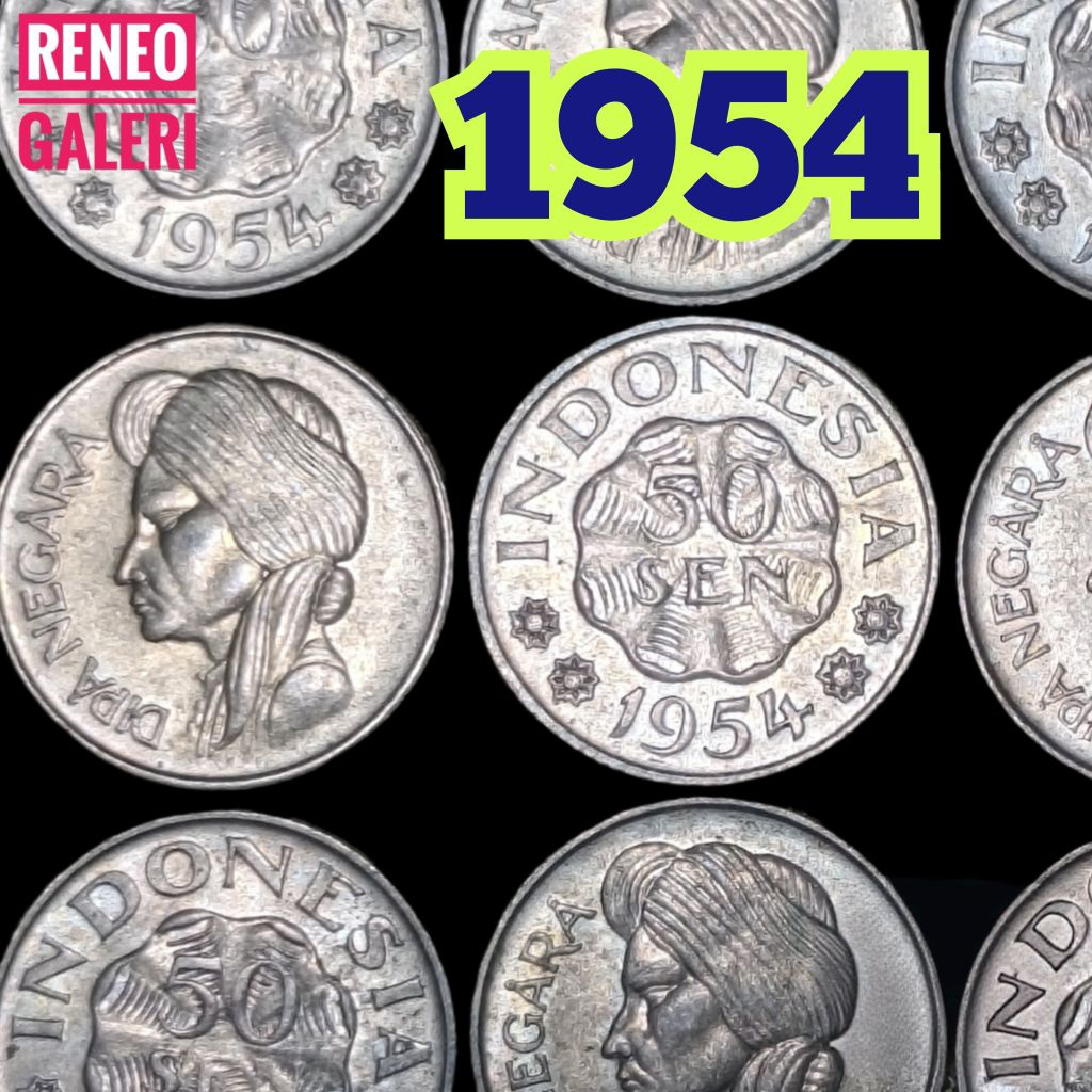 VF koin 50 Sen Diponegoro Tahun 1954 asli langka keydate Dipanegara uang kuno Indonesia duit lama or