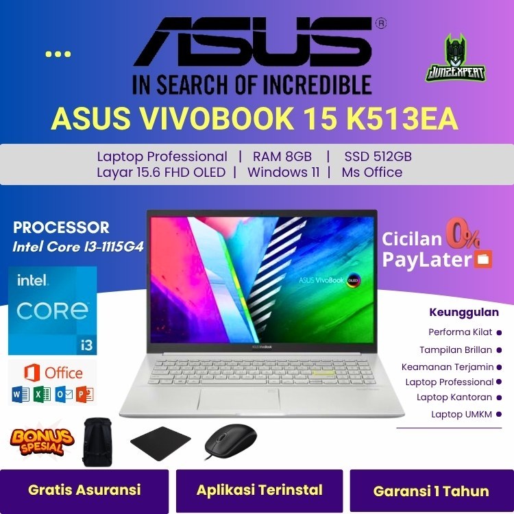 Laptop ASUS VivoBook 15 OLED K513EA i3 1115G4 8GB 512GB SSD 15.6 FHD OLED WIN11 FREE Tas Mouse