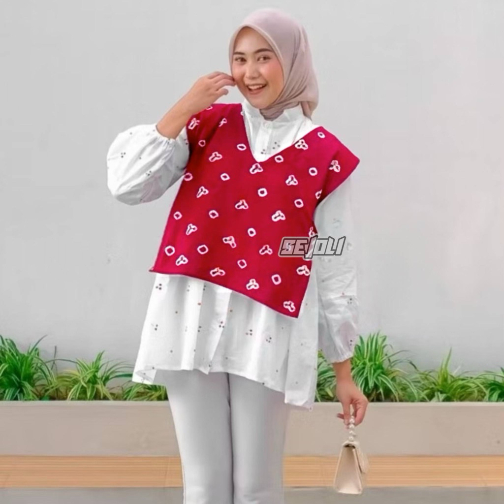 VEST BATIK MERAH PUTIH PREMIUM ROMPI BATIK OUTFIT KANTOR OUTER ATASAN BATIK KATUN NYAMAN