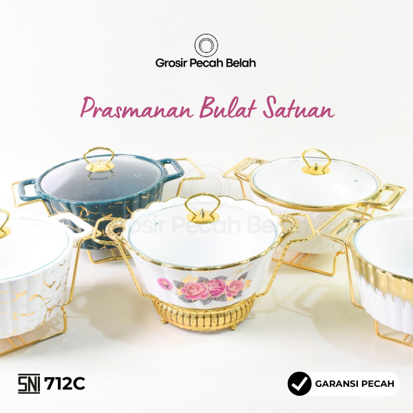 Fiorenza - Prasmanan Keramik Bulat Set Wadah Saji & Panci Penghangat Makanan | Motif Marble Embos Li