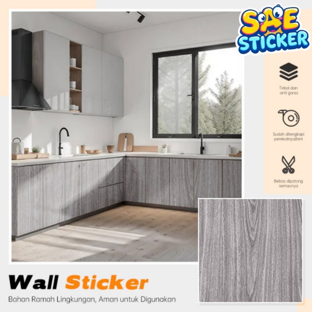 Wallpaper Sticker Lemari Meja Pintu Dinding Triplek Serat Kayu Abu Abu