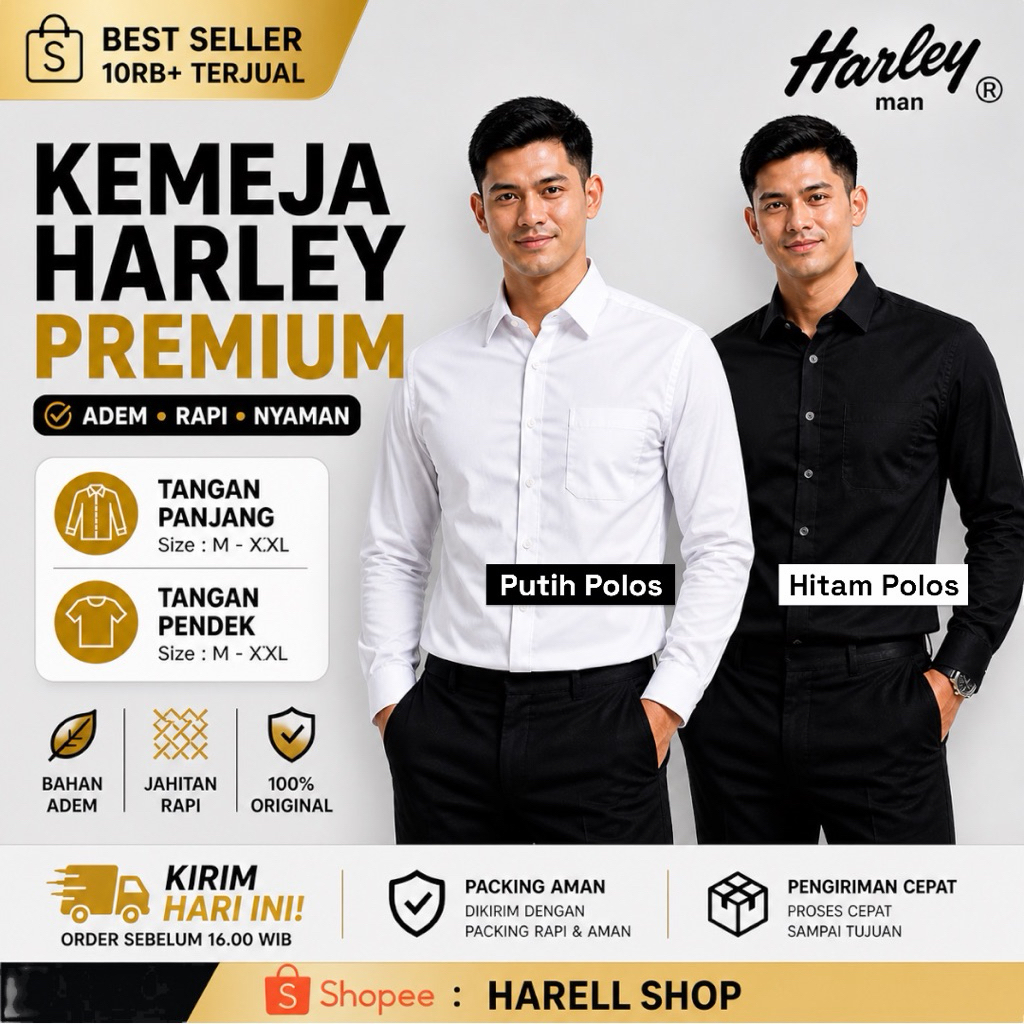 Kemeja Harley Pria Putih Polos Hitam Polos – Lengan Panjang dan Pendek – Kemeja Casual Formal