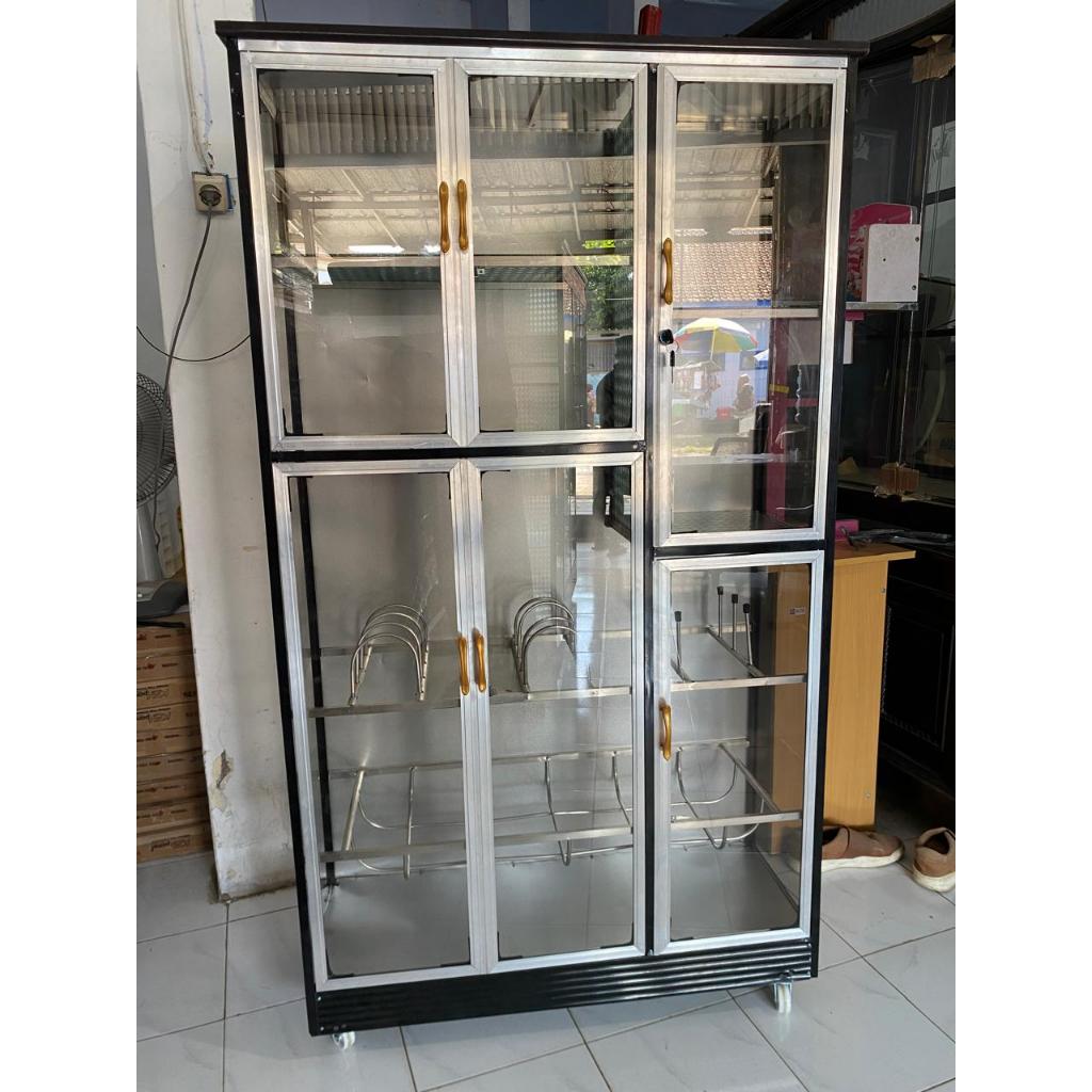 Rak Piring Aluminium Fullbox 3 Pintu Warna Rangka Tebal, Kaca Riben + Roda