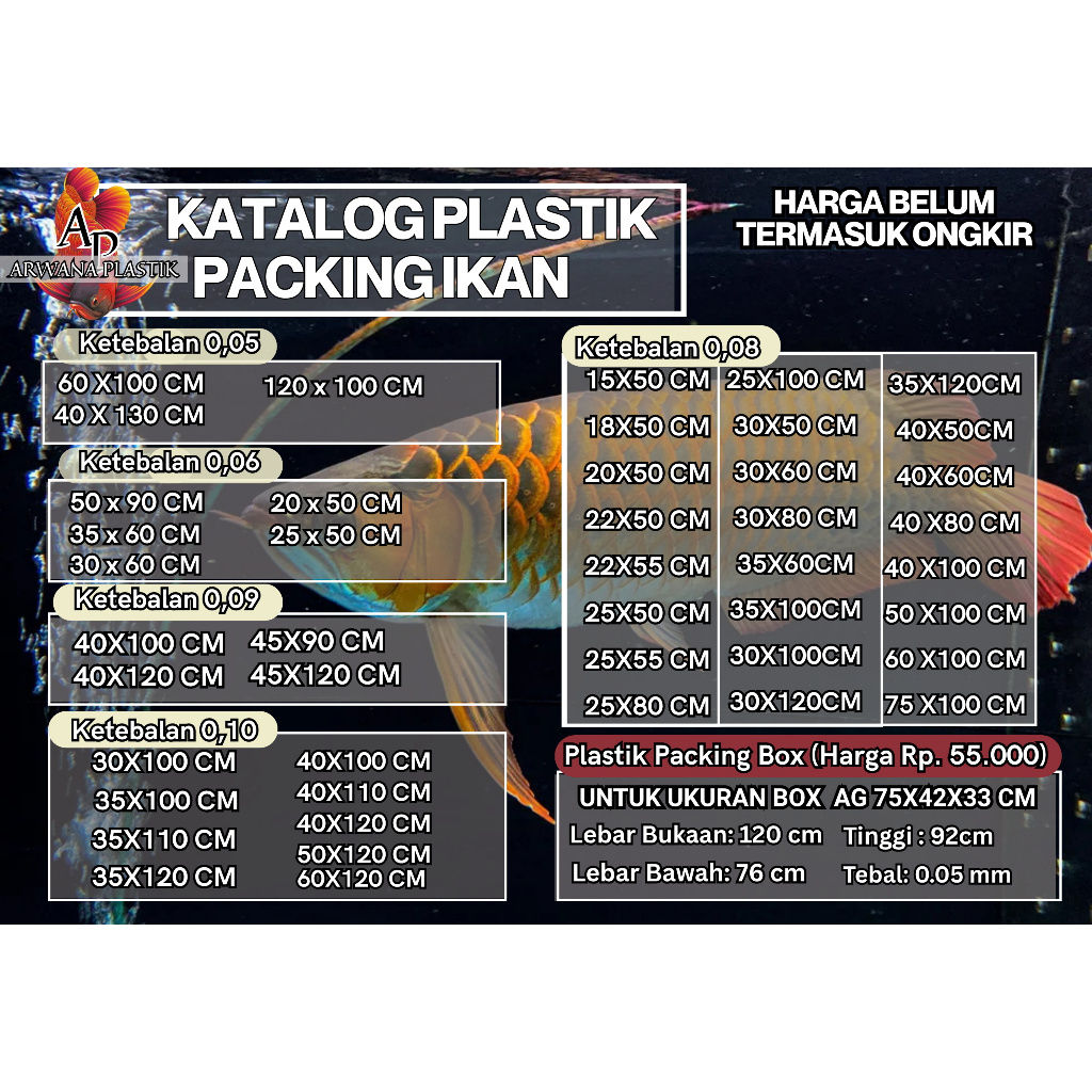 Plastik untuk packing ikan Koi/Arwana/Discus Bahan PE