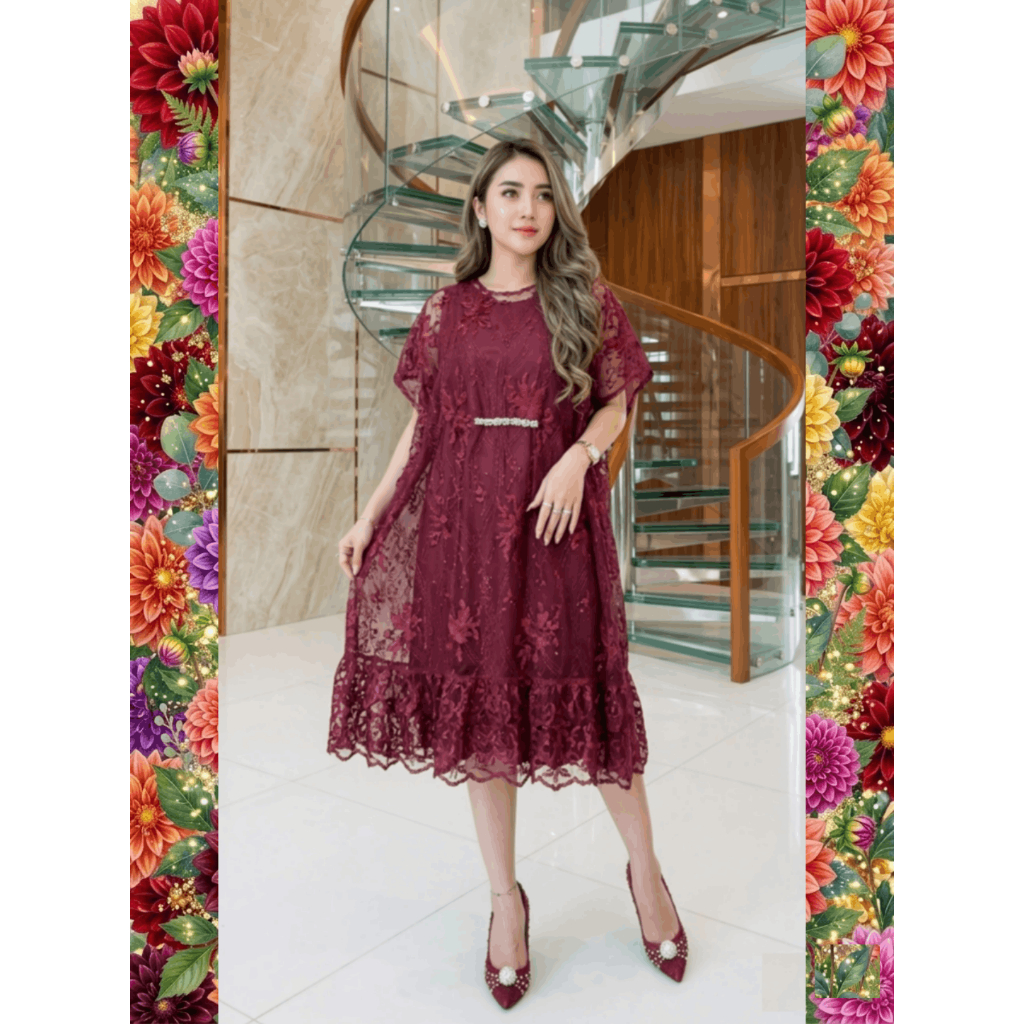 584 Dress Wanita Brukat Tile Pesta/8 Warna/Real Pict
