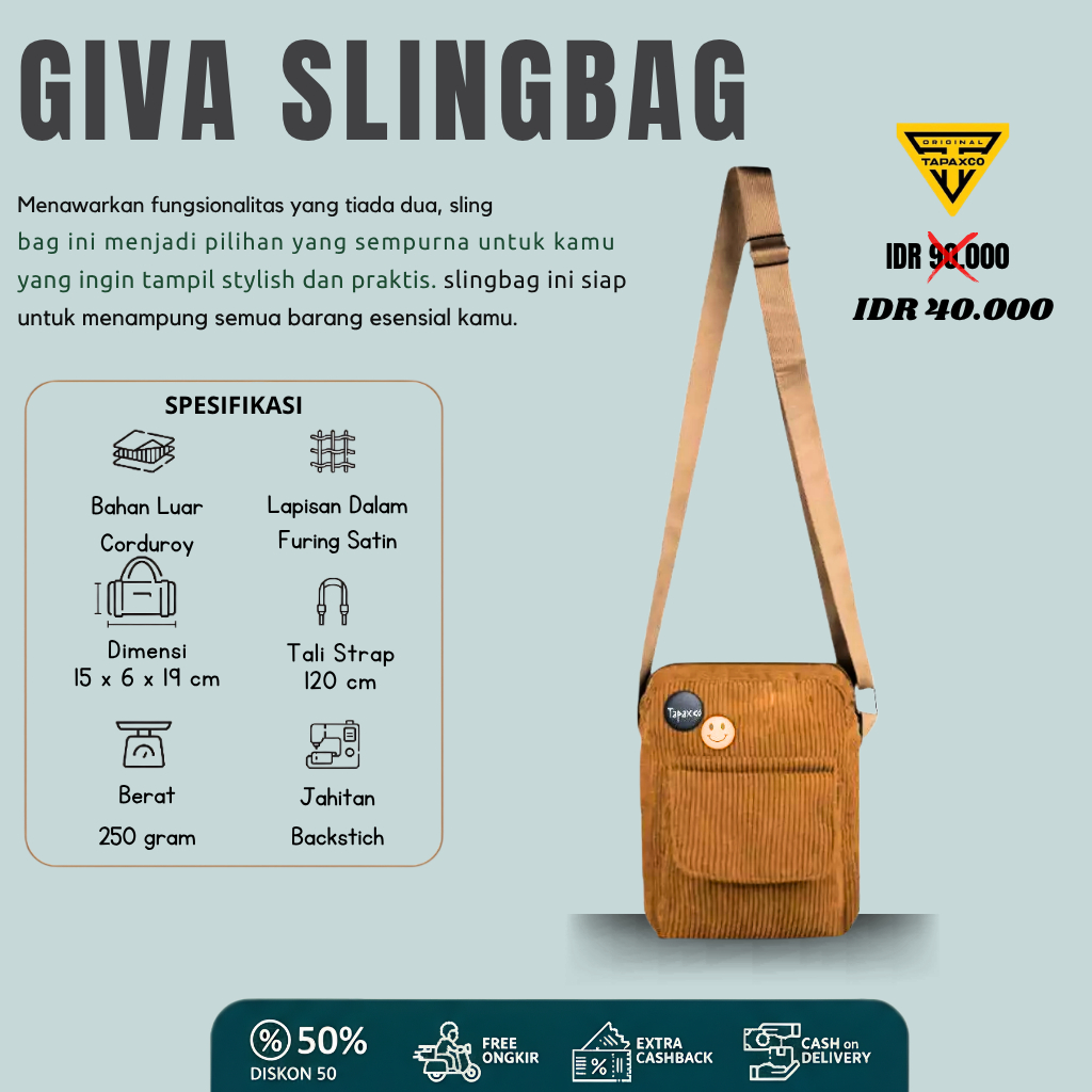 Tas Selempang Giva - Mini Slingbag Uniseks Tas Pria Wanita Corduroy Polos Kobeo l FREE 2 BROSS