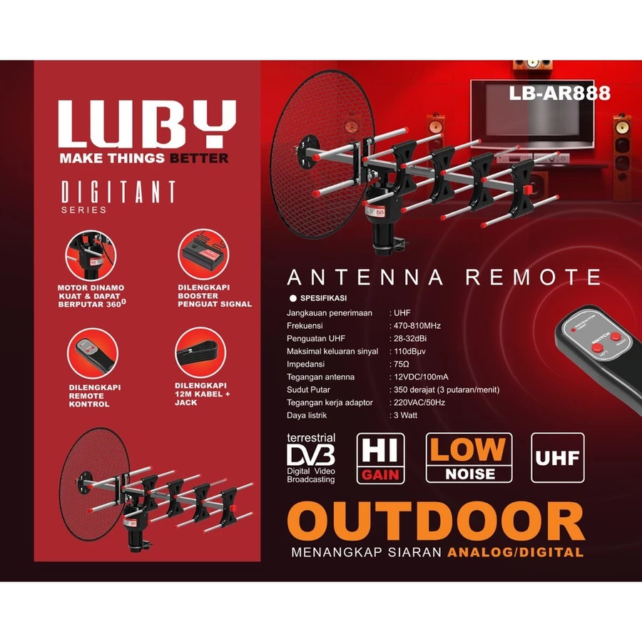 ANTENA TV DIGITAL LUBY L AR-888 SUPORT STB / ANTENA TV MODEL PARABOLA SINYAL KUAT FULL SET LENGKAP