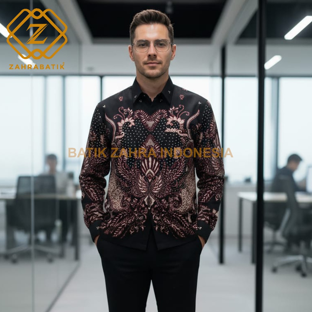 Batik Zahra - Kemeja batik Premium - Motif Jatayu - Warna Hitam kombinasi Merah - Lapis Trikot