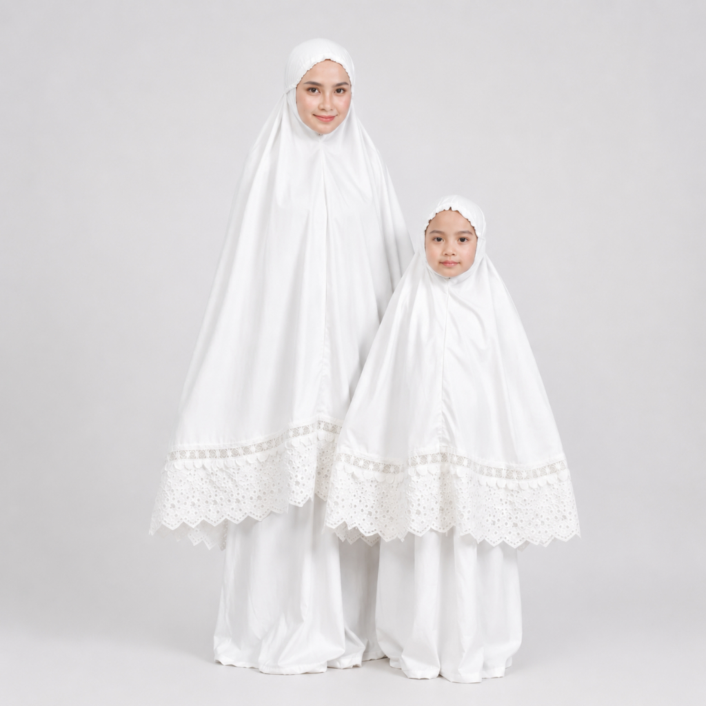Mukena Couple Aisyah Katun Lembut Ibu dan Anak | Mukena Dewasa & Anak Polos Putih Premium Elegan