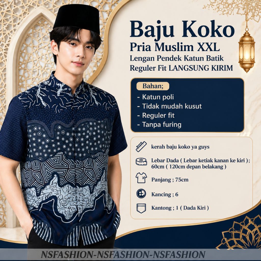 Baju Koko Pria Muslim XXL Lengan Pendek Katun Batik Reguler Fit