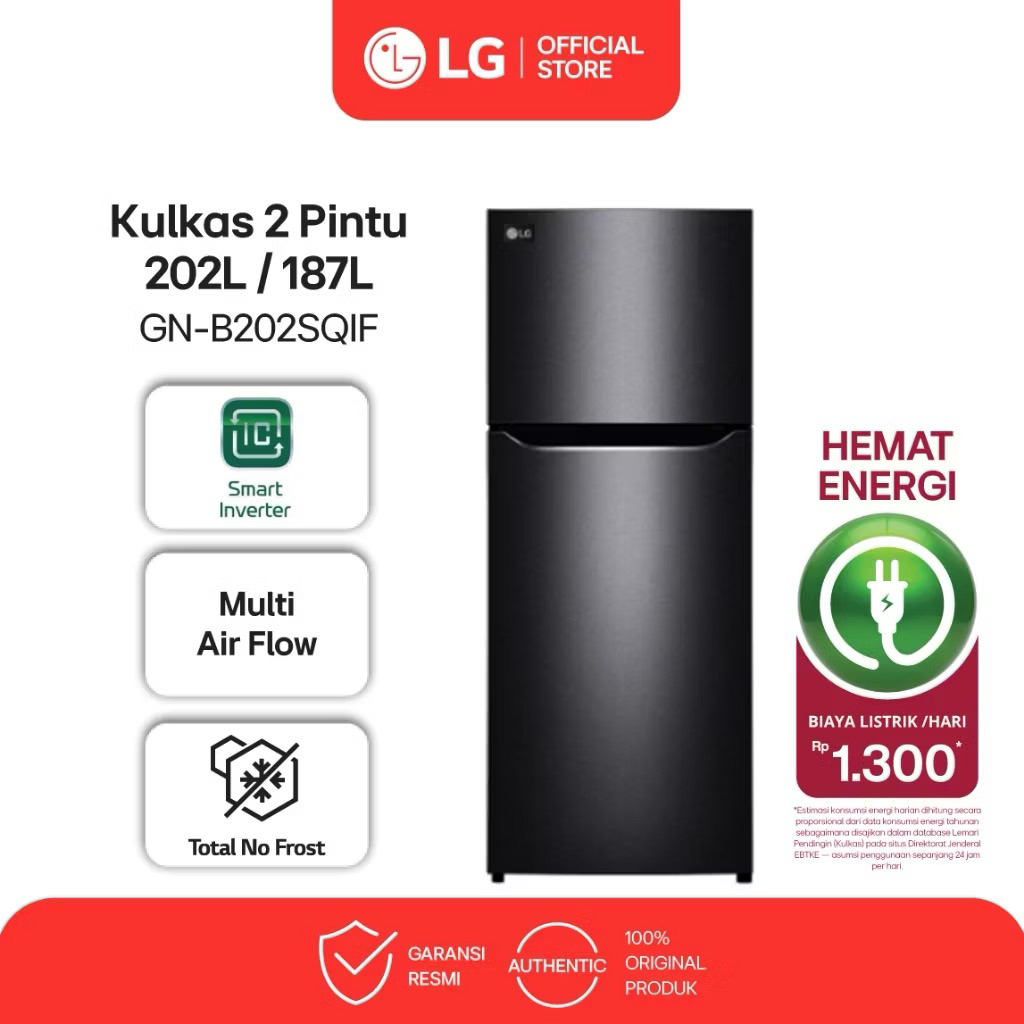 LG GNB-202SQIF KULKAS 2PINTU INVERTER | KULKAS 2PINTU LG GNB-202SQIF 202/187L