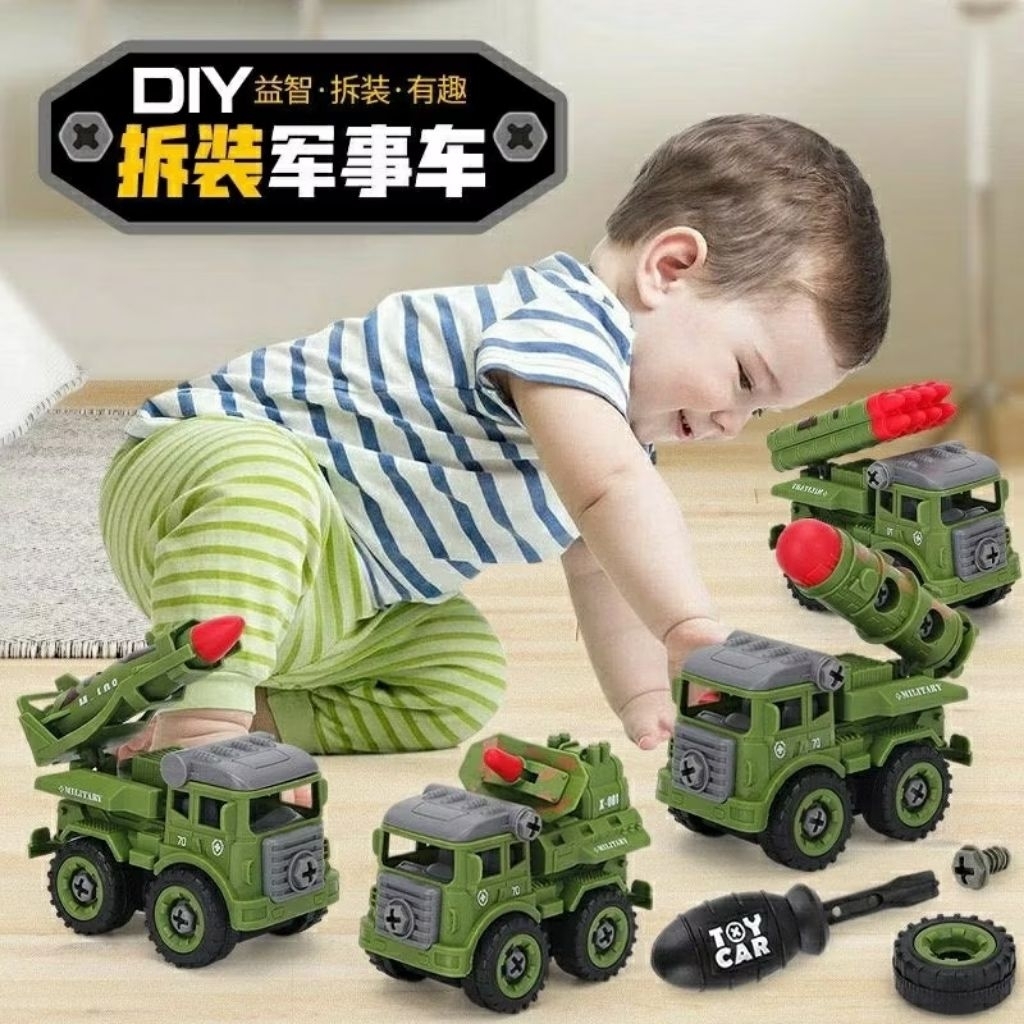 Mainan Edukasi Anak Engineering Truck DIY Army Military Mobil Mobilan Truk Militer Bongkar Pasang