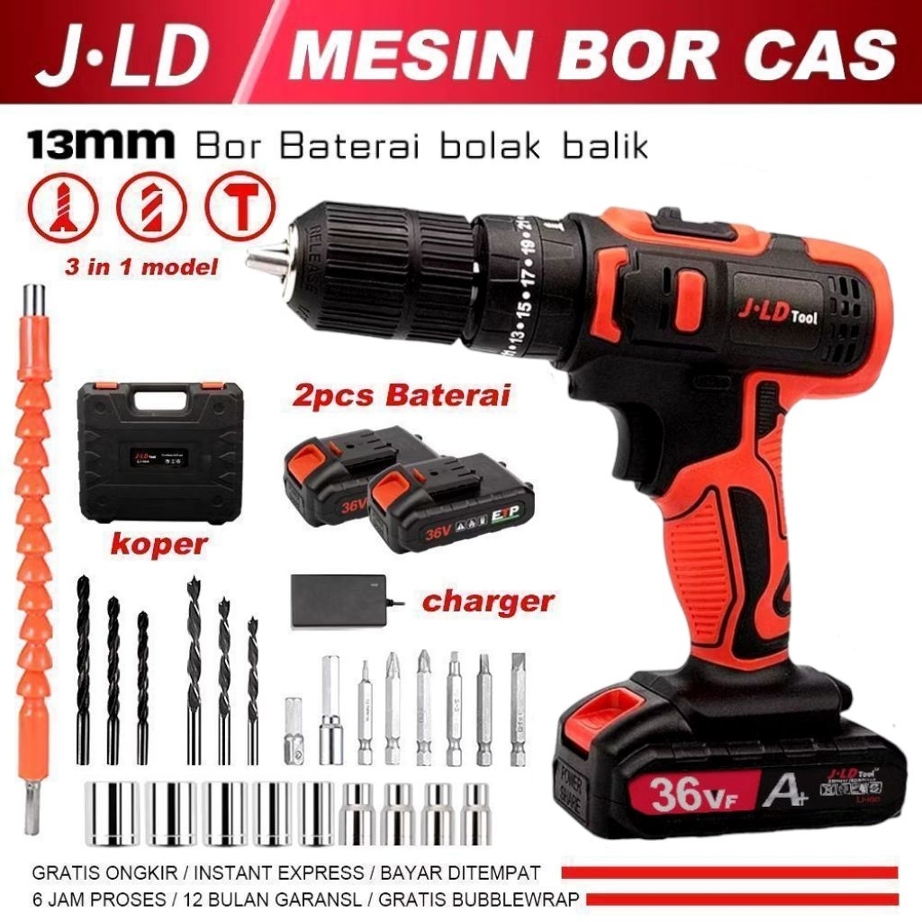 JLD Bor Cordless 36VF mesin bor cas 2baterai 35NM Mesin bor baterai cordless