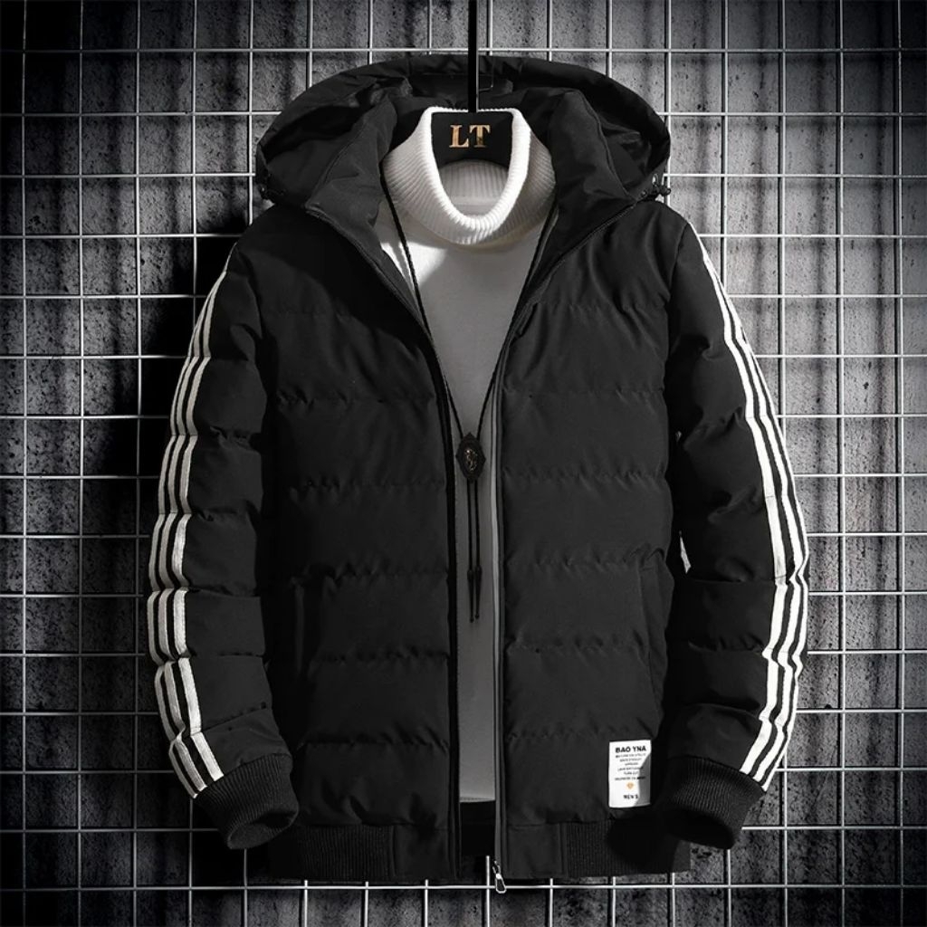 Jaket Bomber Pria Jaket Winter Pria Jaket Casual Pria Jaket Kembung Strip Putih&Hitam