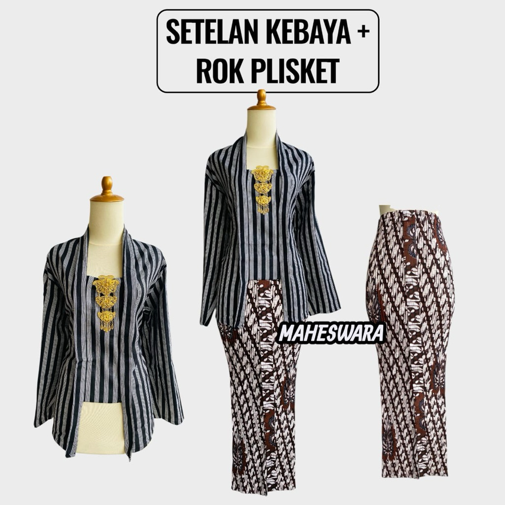 SETELAN KEBAYA LURIK ABU DEWASA + ROK PLISKET ADA WIRUNYA