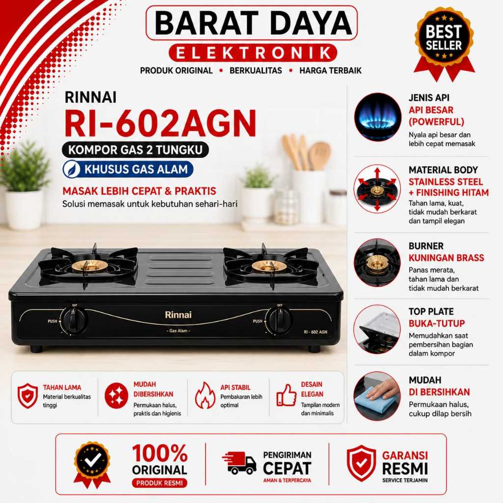 Rinnai Kompor Gas 2 Tungku RI 602 AGN KHUSUS GAS ALAM/KOMPOR GAS PGN